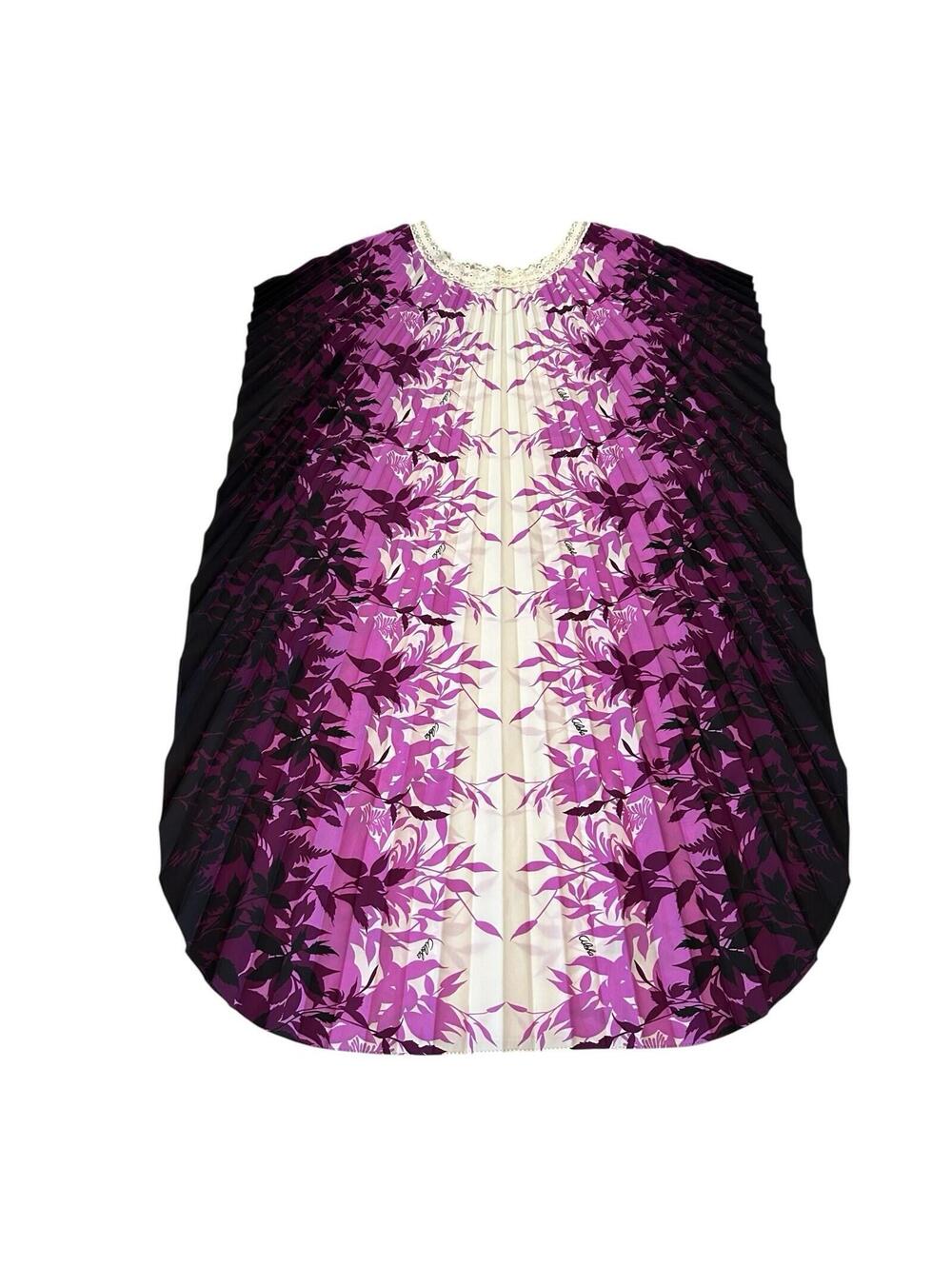 Vintage 70s Accordion Pleat Caftan Purple Floral Aloha Maxi L